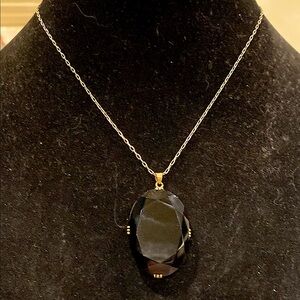Antique Black Faceted Stone/Glass Pendant Surrounded in Brass Necklace